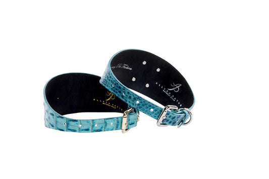 Turquoise embossed croc Italian leather dog collars, 3-inch wide, set of 2 by Allysa Payne Beverly Hills