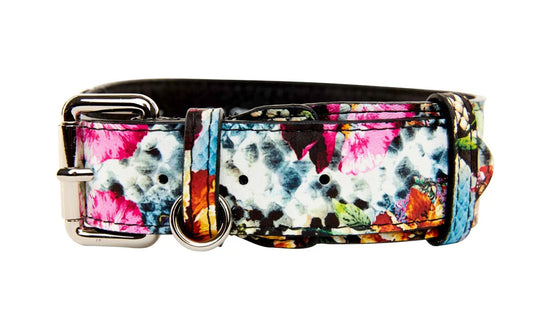 Italian leather collar with floral skull-snake print and silver hardware by Allysa Payne Beverly Hills