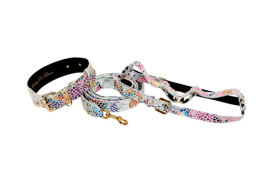 Three-piece white floral mosaic Italian leather collar, leash, harness set with gold hardware