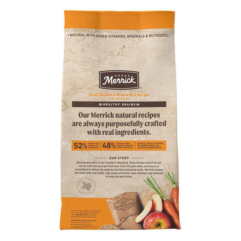 Merrick Healthy Grains chicken and brown rice bag reverse