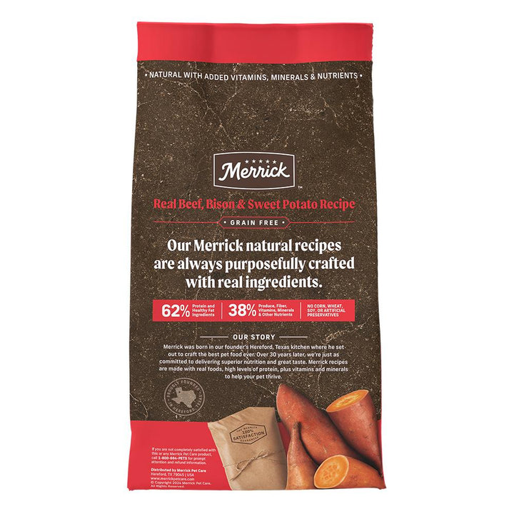 Merrick Beef bison and sweet potato dog food bag reverse
