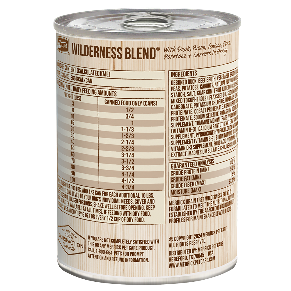 Merrick Wilderness Blend reverse ingredient and feeding label