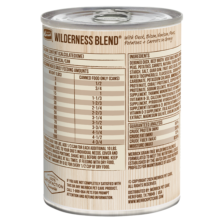 Merrick Wilderness Blend reverse ingredient and feeding label