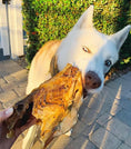 Load image into Gallery viewer, Chicken Frames (Chunked) from Naked Beasts; golden-brown pieces chewed by a white dog
