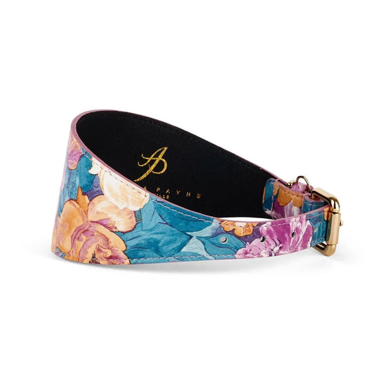 Floral print Italian leather collar, 3-inch wide, by Allysa Payne Beverly Hills, Swarovski crystals, gold hardware