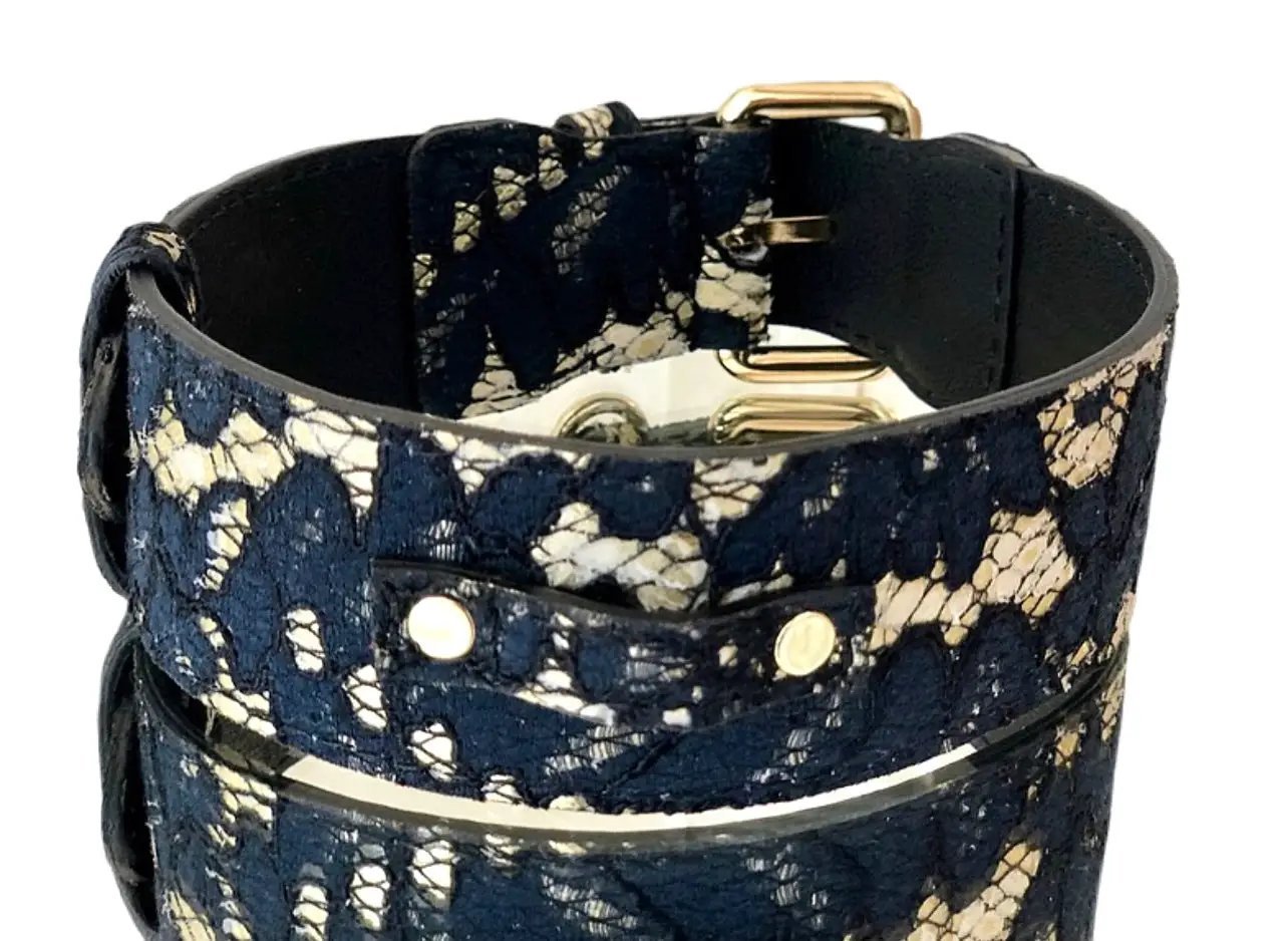 Luxury Pet Fashion Navy Lace Leather Collar by Allysa Payne Beverly Hills
