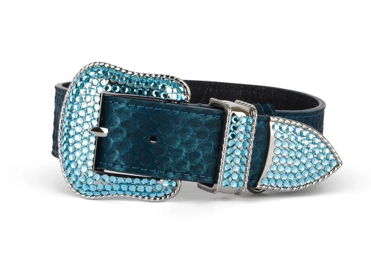 Stunning iridescent blue-green snake collar with Swarovski crystal hardware by Allysa Payne Beverly Hills