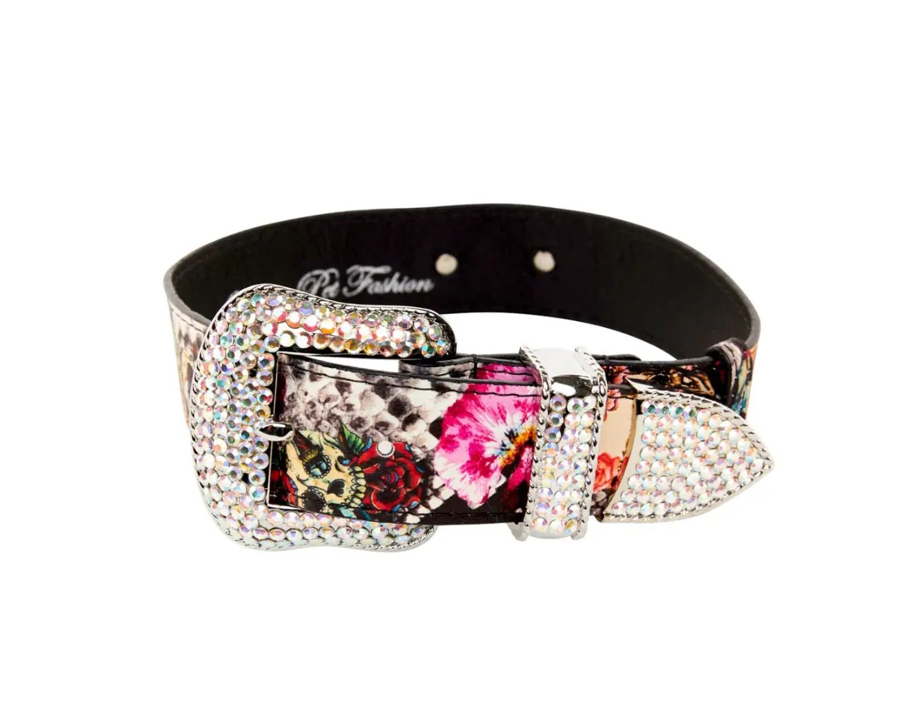 Italian leather collar with floral skull and snake print and Swarovski crystal hardware by Allysa Payne Beverly Hills