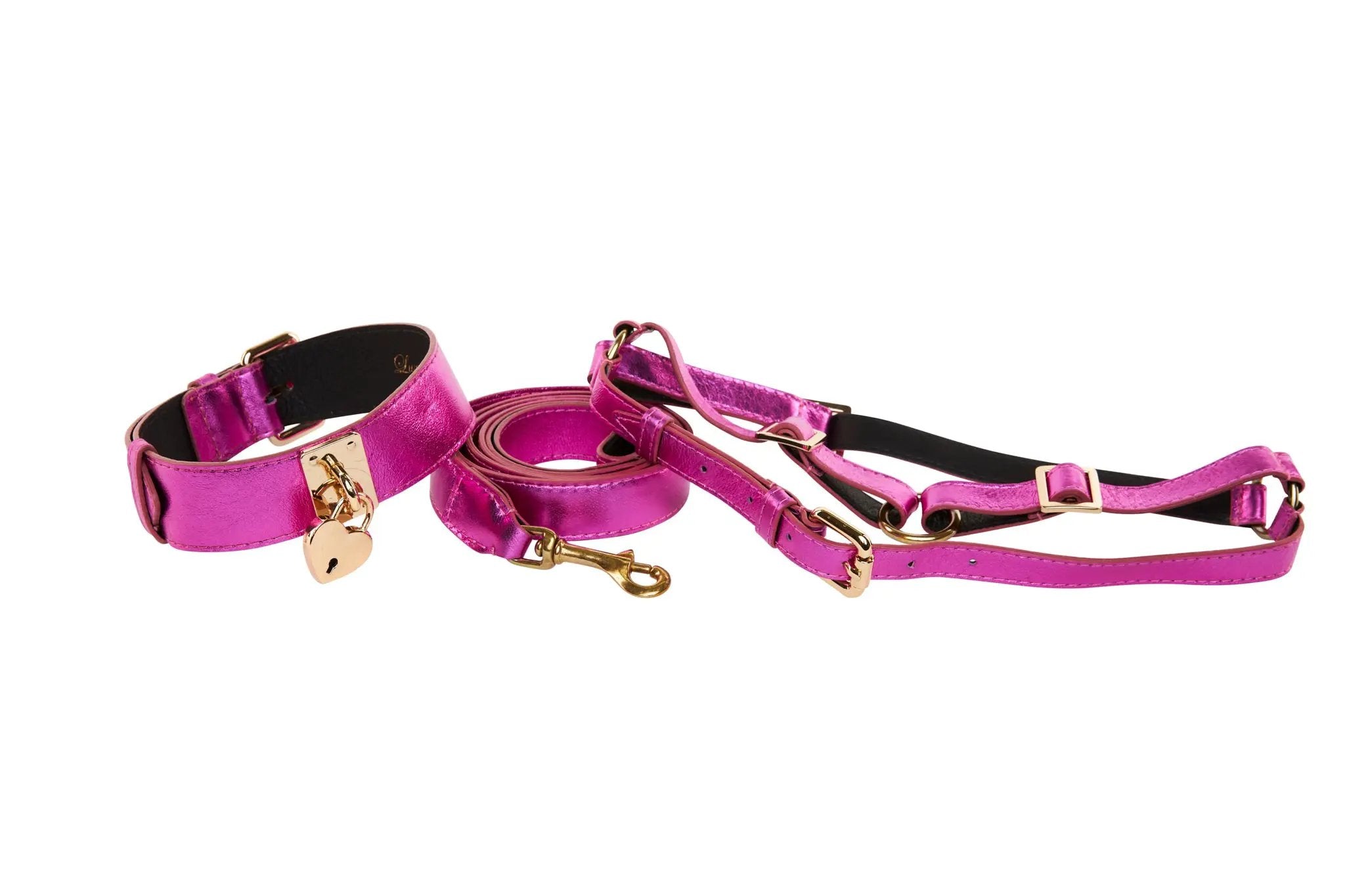 Luxury Pink Heart Locket Collar Harness Set For 30-60lbs by Allysa Payne Beverly Hills