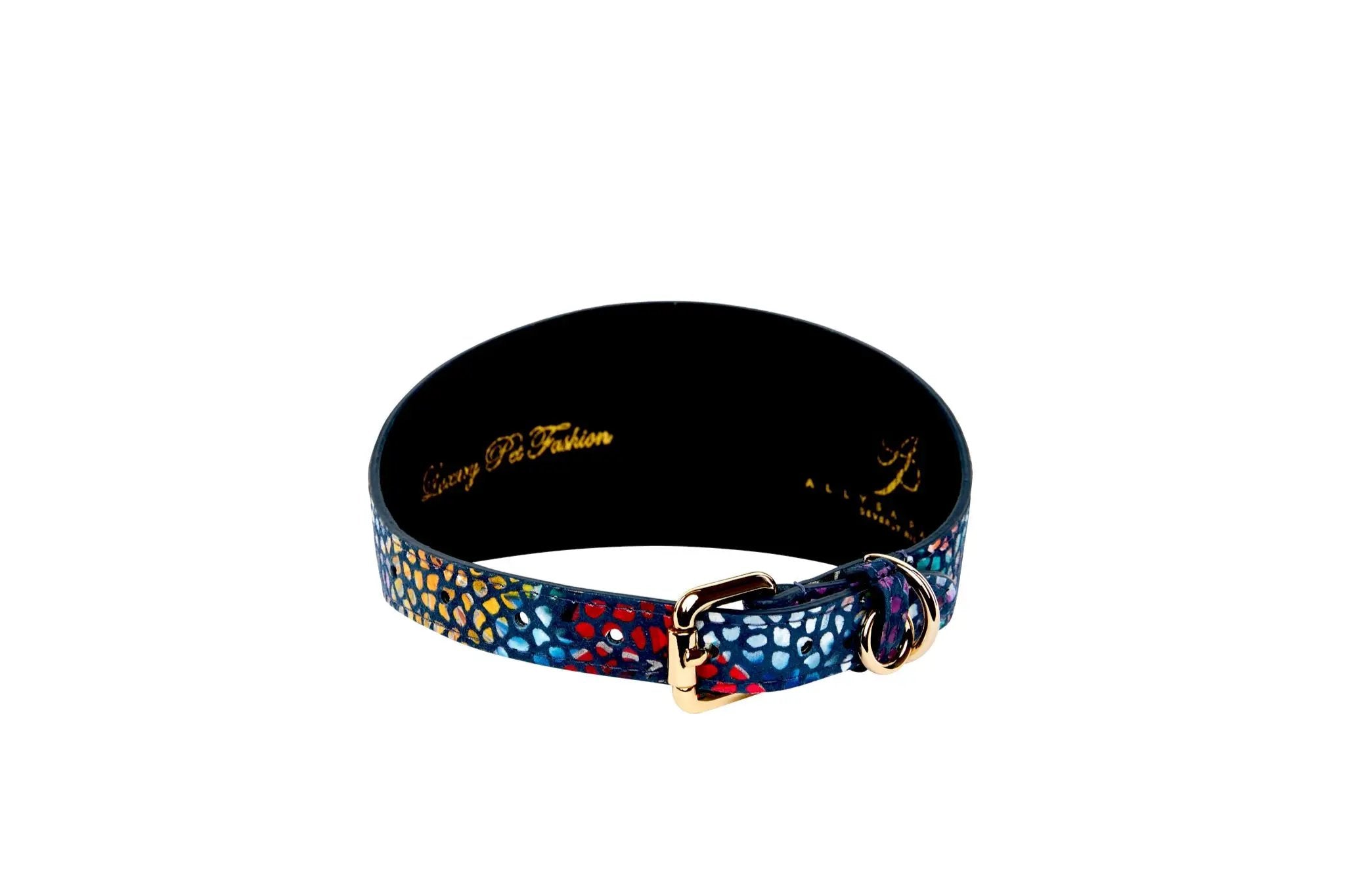 Dog collar, 3-inch wide, midnight blue floral mosaic Italian leather with gold hardware, Allysa Payne Beverly Hills.