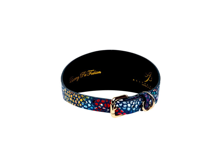 Dog collar, 3-inch wide, midnight blue floral mosaic Italian leather with gold hardware, Allysa Payne Beverly Hills.