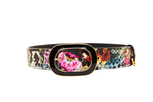 Floral print Italian leather belt with a gold-edged black buckle