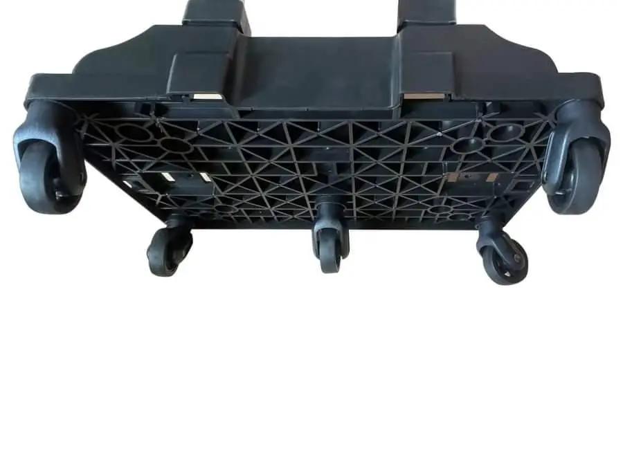 Mr. Peanut's Pet Carriers wheelbase luggage cart underside with black spinner wheels
