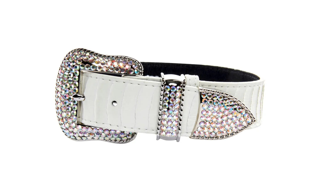 Matte white snake belt with silver and gold Swarovski crystal hardware and a crystal-studded buckle