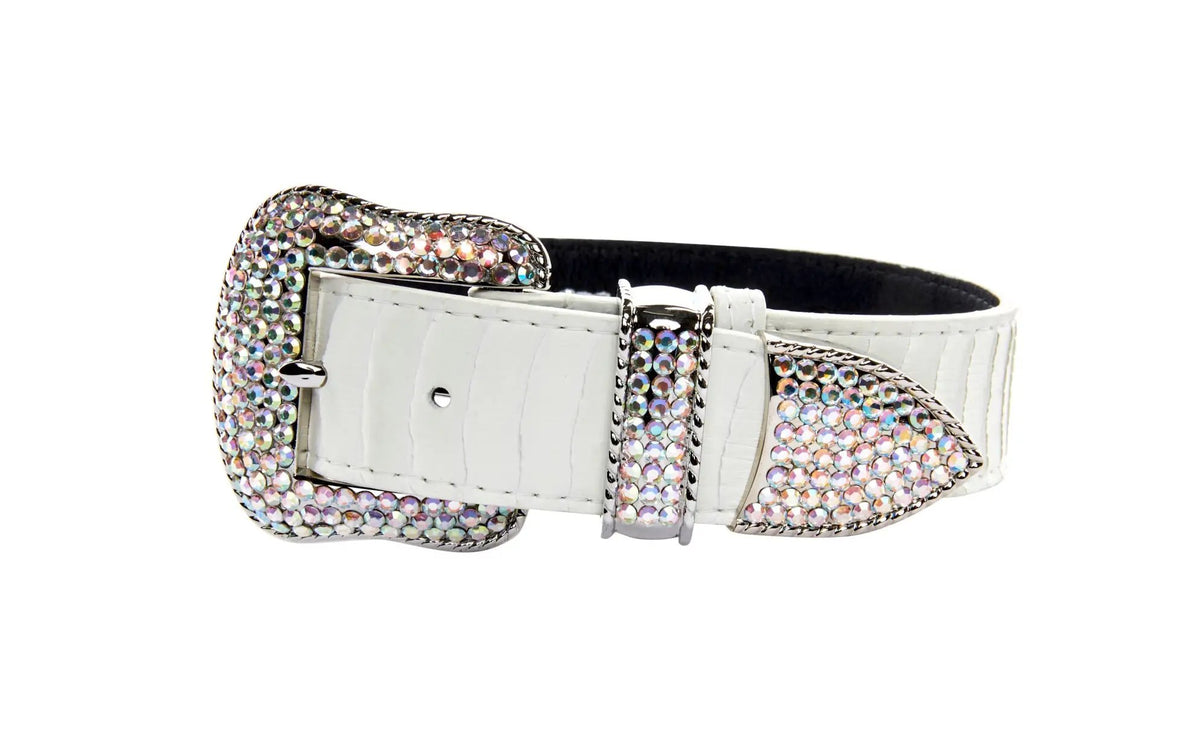Matte white snake belt with silver and gold Swarovski crystal hardware and a crystal-studded buckle