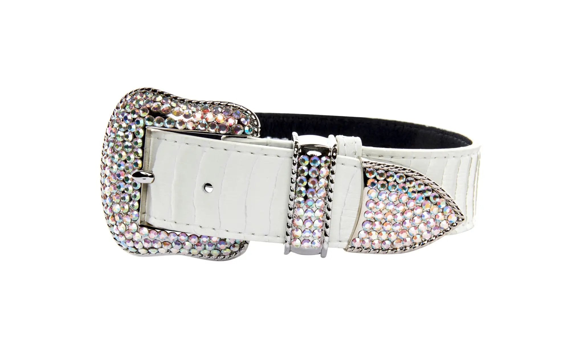 Matte white snake belt with silver and gold Swarovski crystal hardware and a crystal-studded buckle