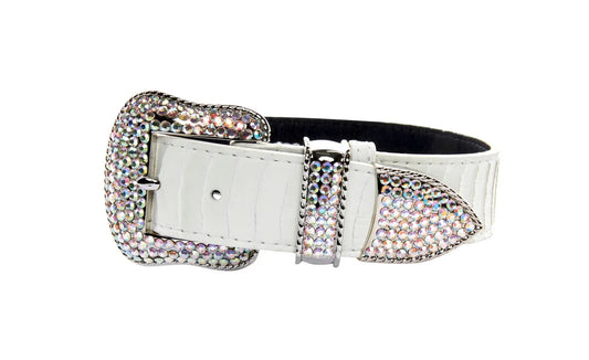 Matte white snake belt with silver and gold Swarovski crystal hardware and a crystal-studded buckle