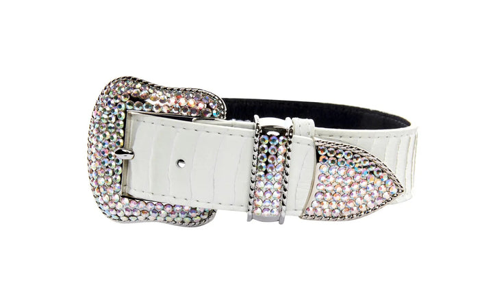 Matte white snake belt with silver and gold Swarovski crystal hardware and a crystal-studded buckle