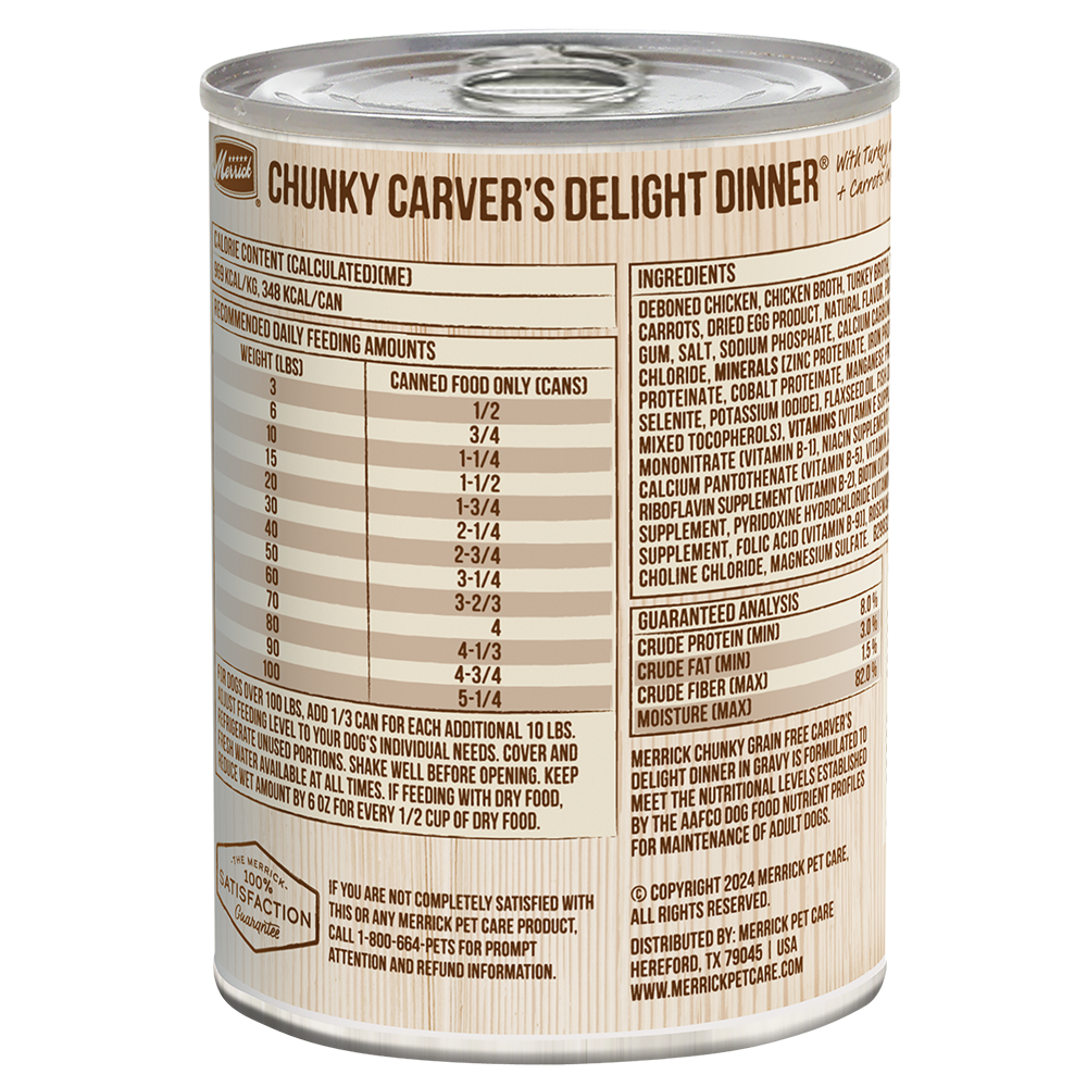 Merrick Carvers Delight reverse label with ingredients and feeding chart