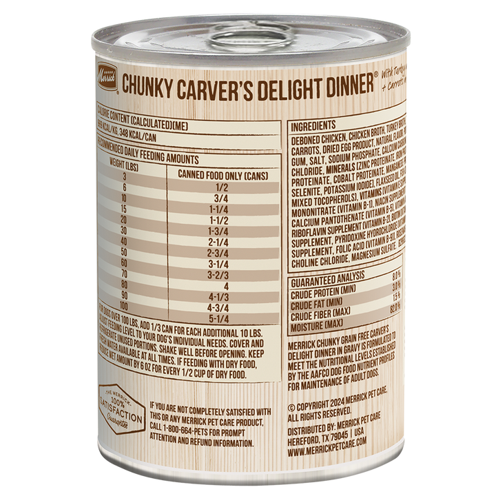 Merrick Carvers Delight reverse label with ingredients and feeding chart