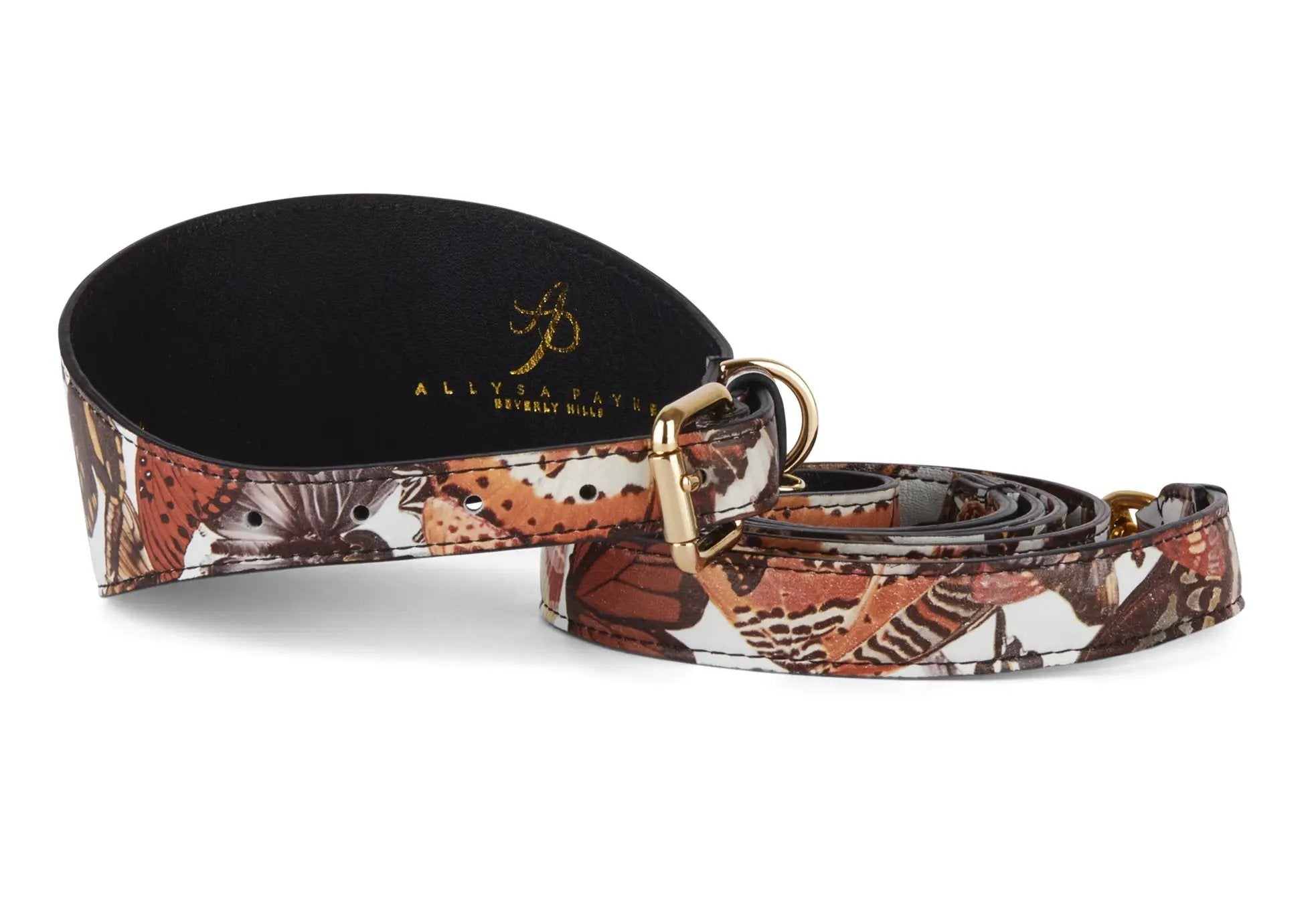 Butterfly Print Italian Leather Collar And Leash Set by Allysa Payne Beverly Hills