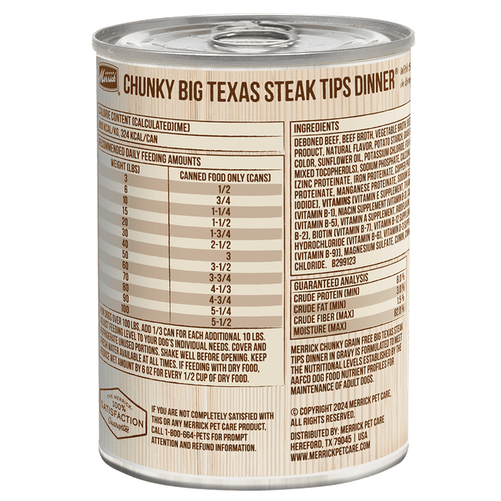 Merrick Big Texas Steak Tips reverse ingredient and feeding label