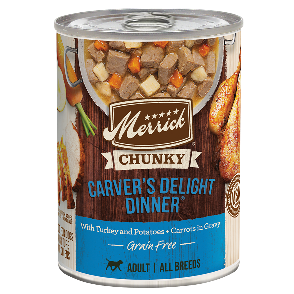 Merrick Chunky Carvers Delight Dinner wet dog food can front