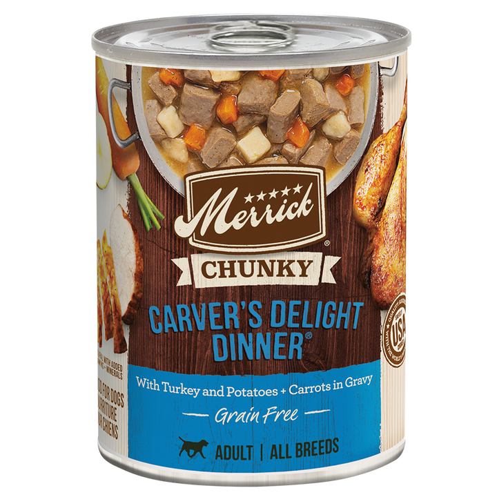 Merrick Chunky Carvers Delight Dinner wet dog food can front