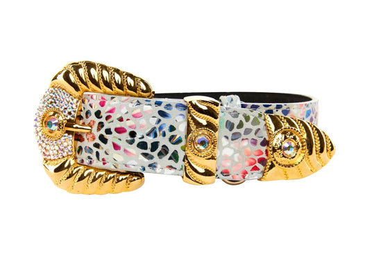 White Floral Mosaic Italian Leather Collar with gold-tone hardware and Swarovski crystal accents