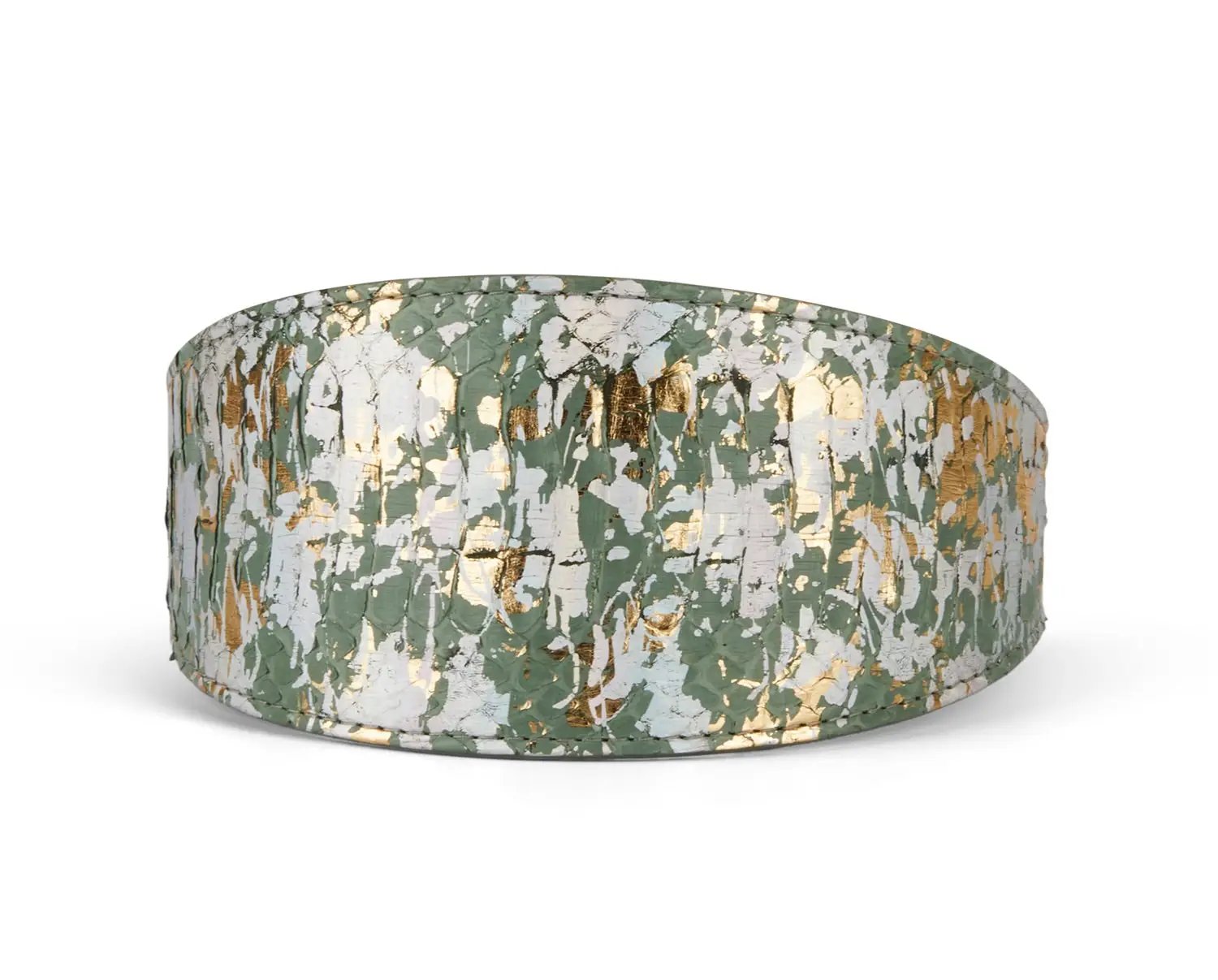 Iridescent Art Deco cuff bracelet, 3 in wide, green, gold and silver finish