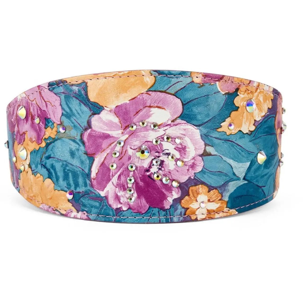 Floral print Italian leather collar, 3-inch wide, with Swarovski crystals by Allysa Payne Beverly Hills