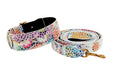 Load image into Gallery viewer, Collar and leash set in white floral mosaic Italian leather with gold hardware

