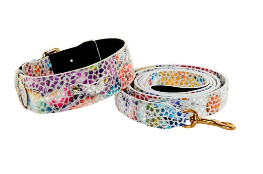 Collar and leash set in white floral mosaic Italian leather with gold hardware