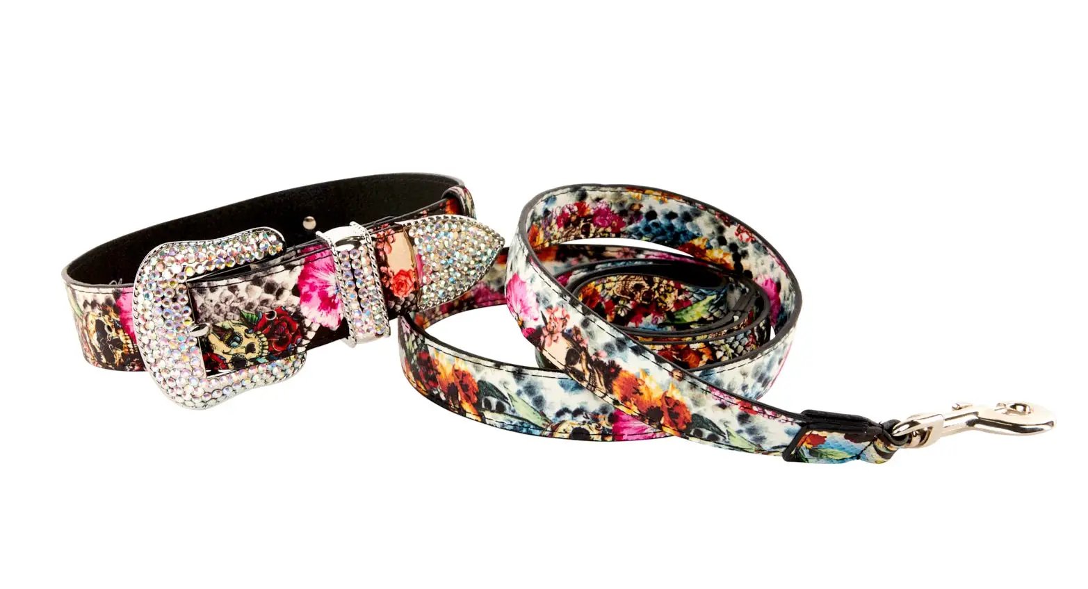Collar and leash set in floral skull snake-print Italian leather with Swarovski crystals.