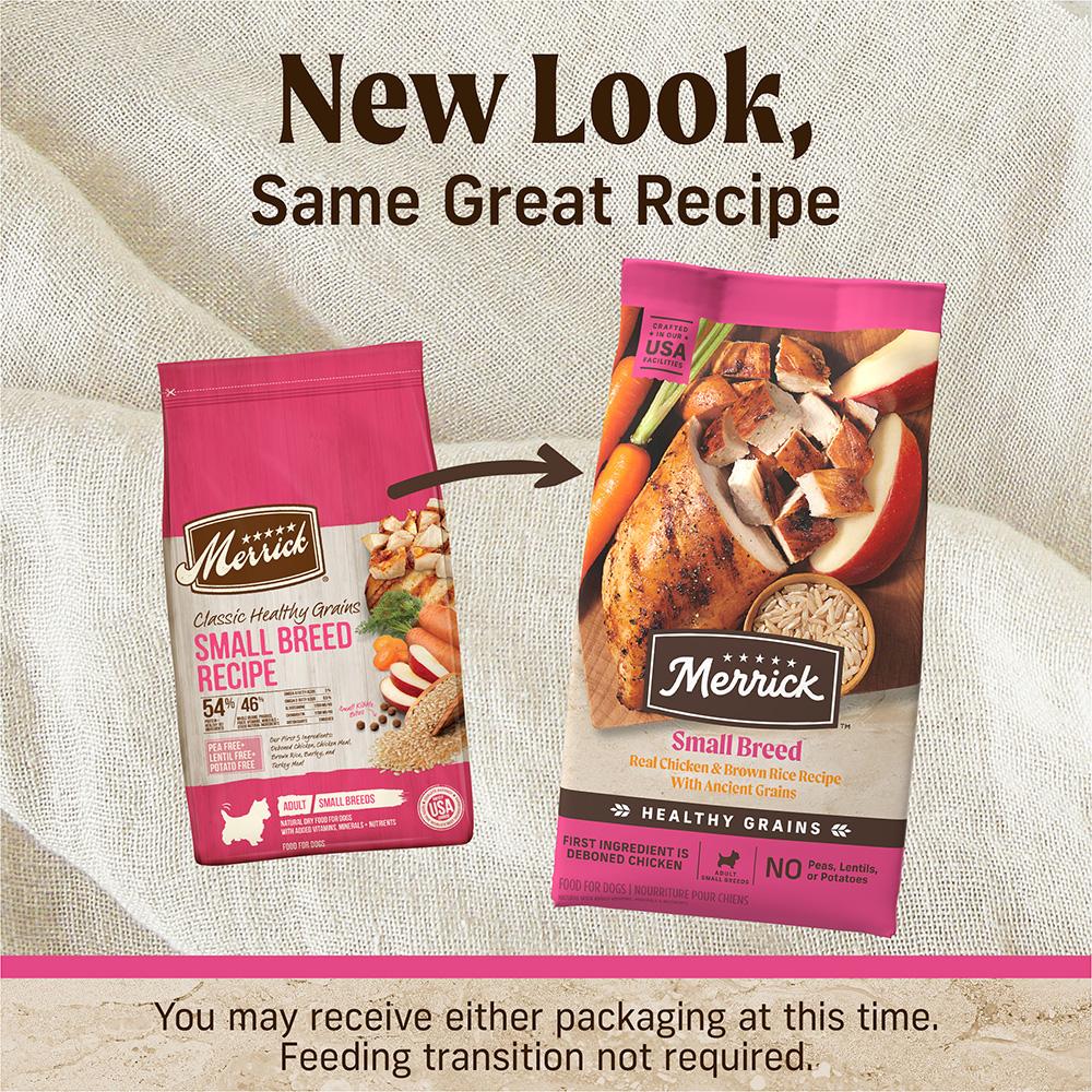 Merrick Small Breed packaging transition comparison