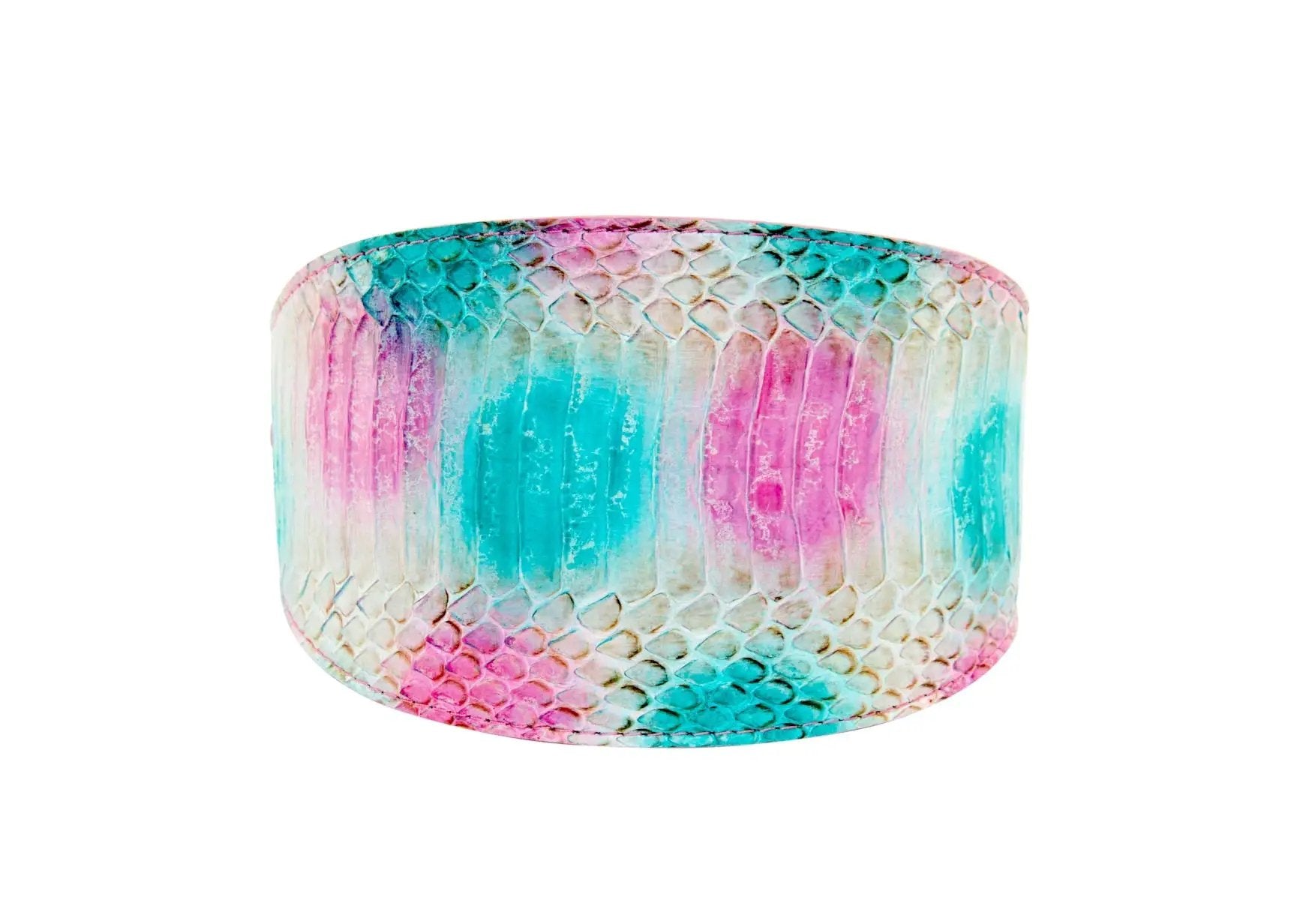 Snake-print collar in turquoise, fuchsia and off-white, 4 inches wide, Allysa Payne Beverly Hills