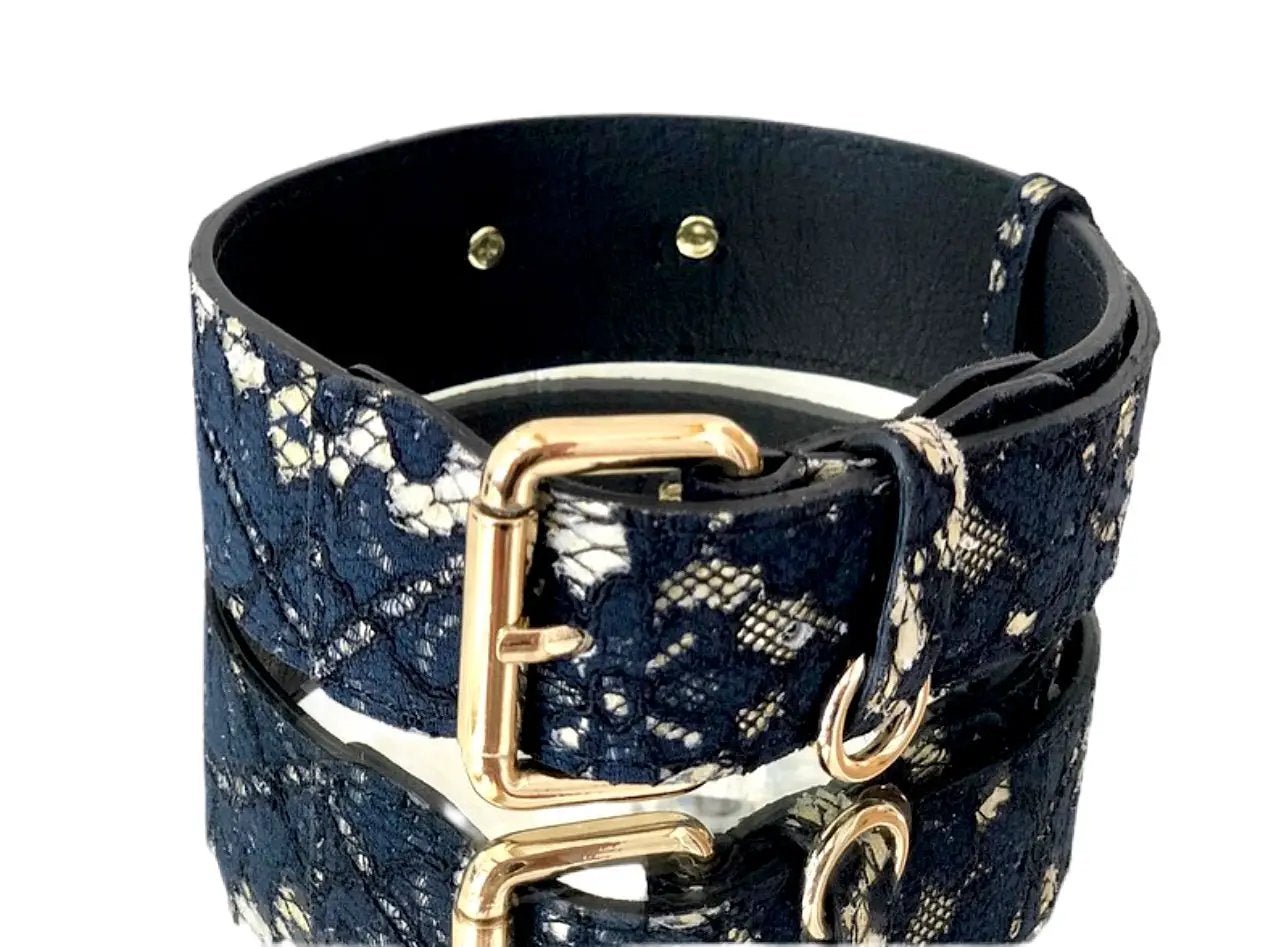 Luxury Pet Fashion Navy Lace Leather Collar by Allysa Payne Beverly Hills