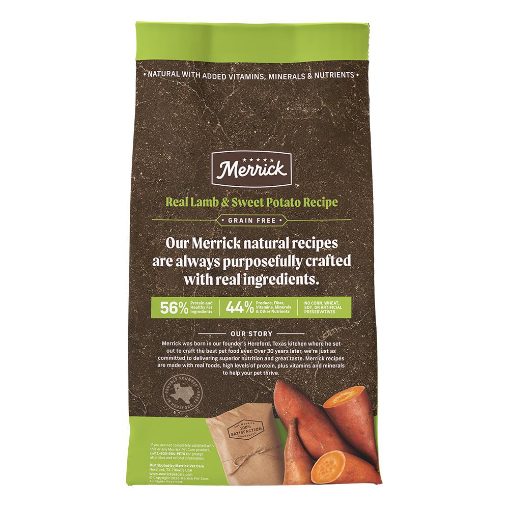 Merrick Lamb and sweet potato dog food bag reverse