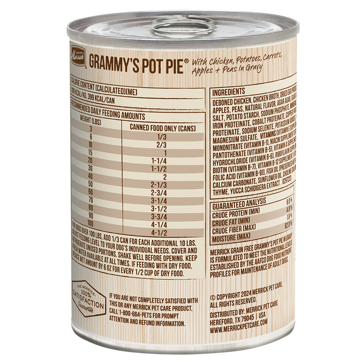 Merrick Grammys Pot Pie reverse label with ingredients and feeding chart