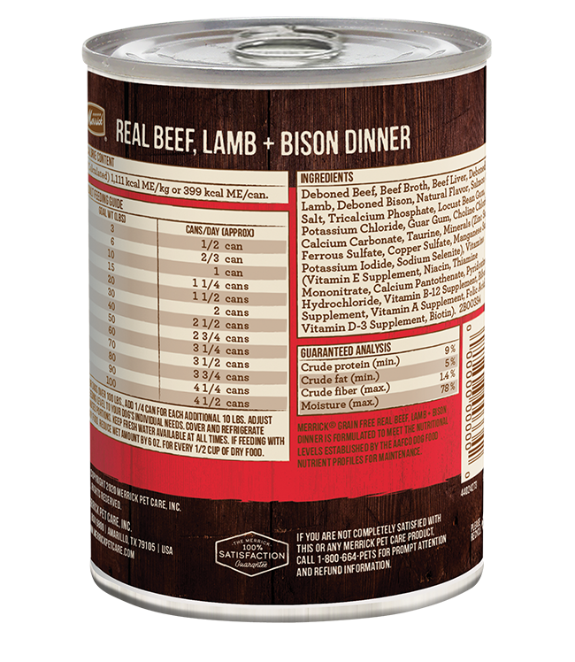 Merrick Real Beef Lamb and Bison reverse ingredient and feeding label