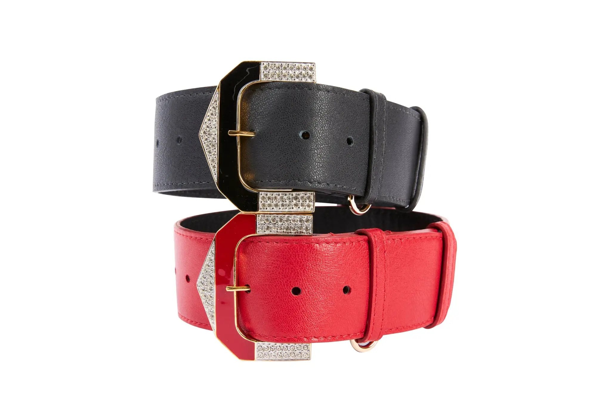 Leather collar set with two pieces in black and red Italian leather and jeweled gold-tone buckles