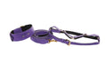 Load image into Gallery viewer, Three-piece purple Italian leather collar, leash, and harness set with gold-tone hardware
