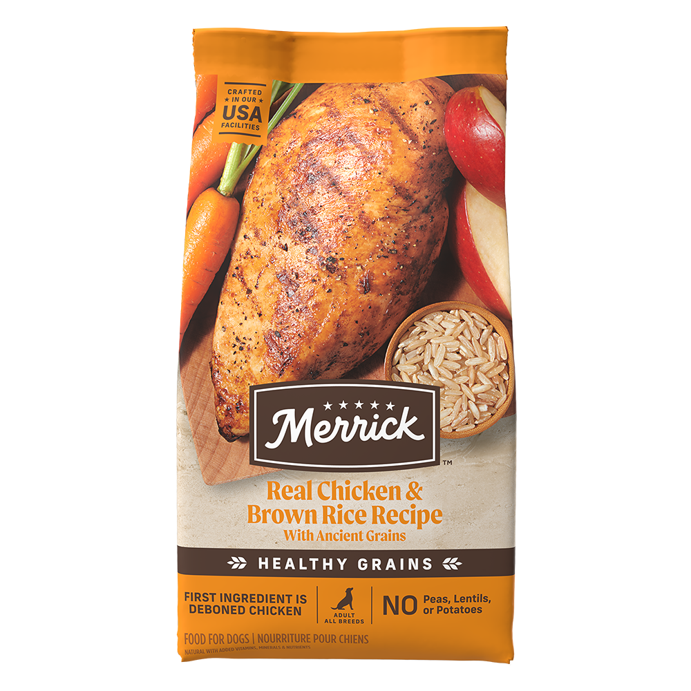 Merrick Healthy Grains chicken and brown rice bag front
