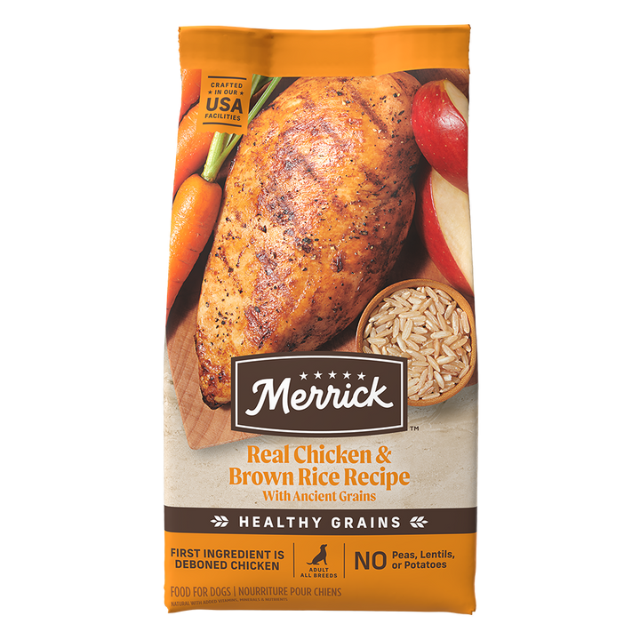 Merrick Healthy Grains chicken and brown rice bag front