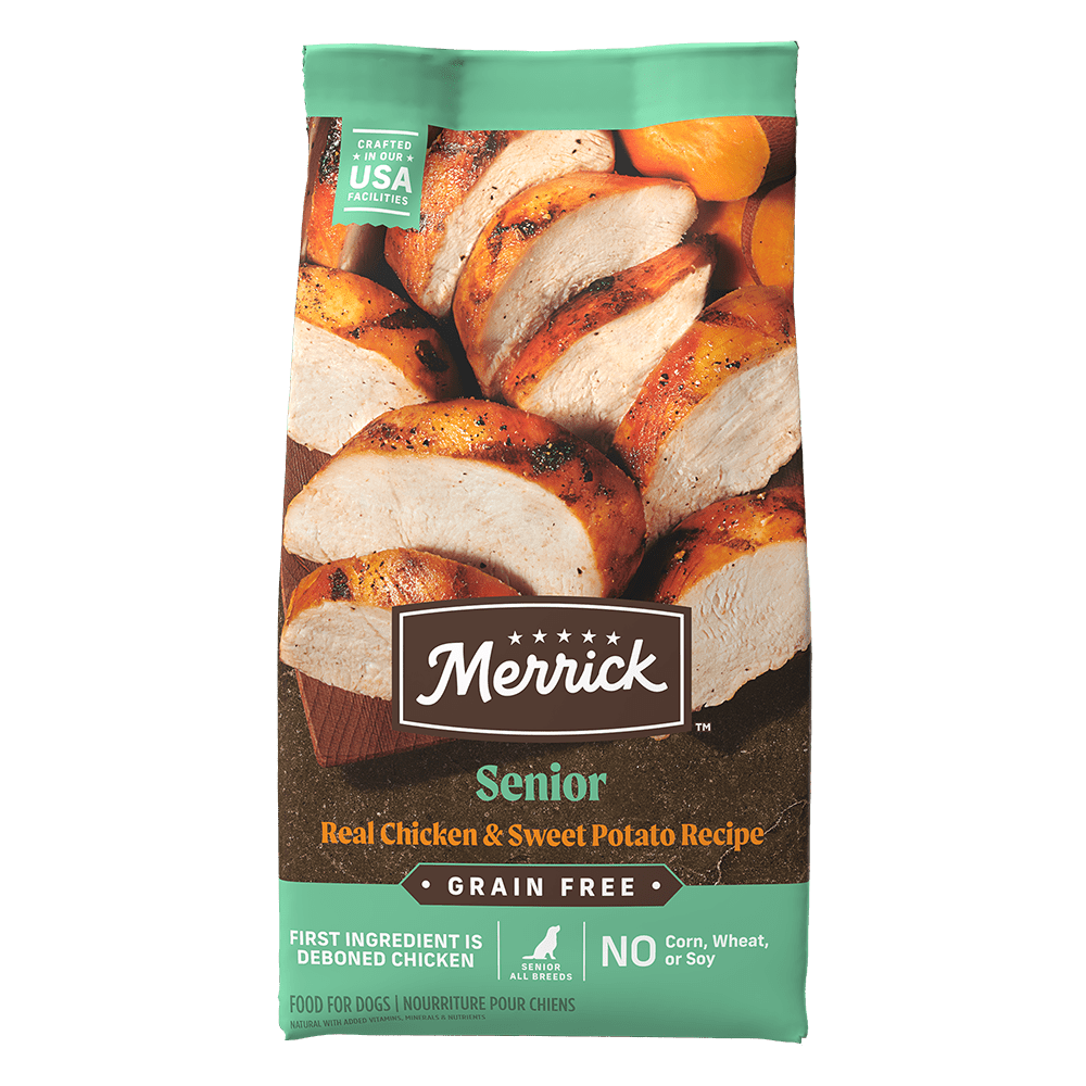 Merrick Senior chicken and sweet potato dry dog food bag front