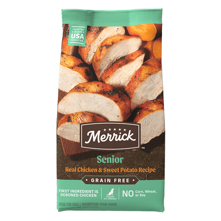 Merrick Senior chicken and sweet potato dry dog food bag front