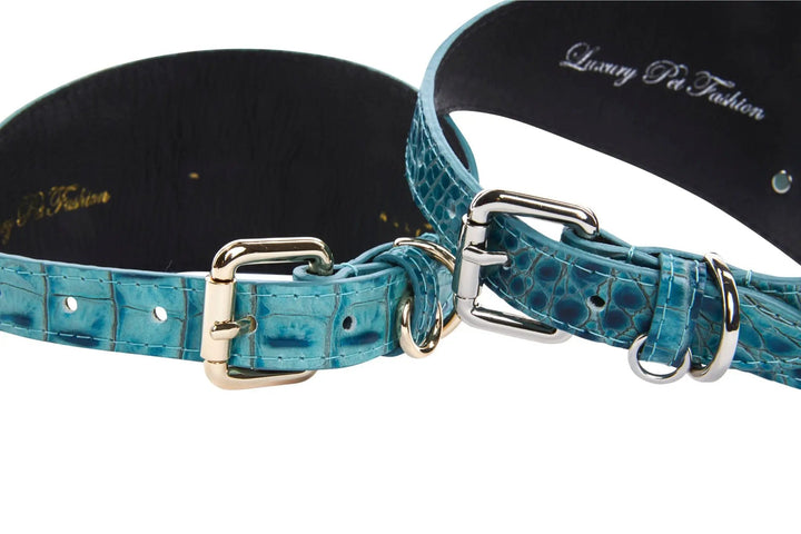 Turquoise embossed croc Italian leather dog collars, 3-inch wide, set of 2 with gold-tone hardware.