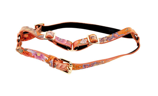 Leather harness, orange floral mosaic Italian leather, Allysa Payne Beverly Hills