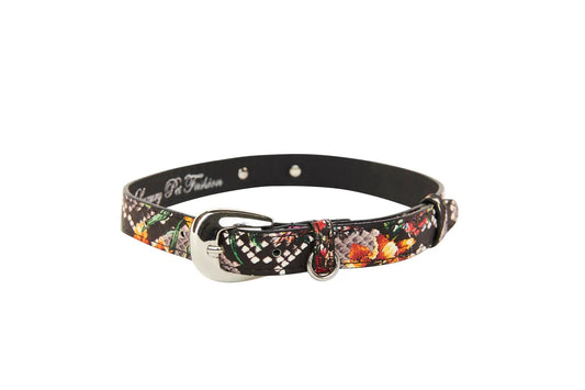 Floral skull snake print Italian leather collar with silver oval hardware by Allysa Payne Beverly Hills