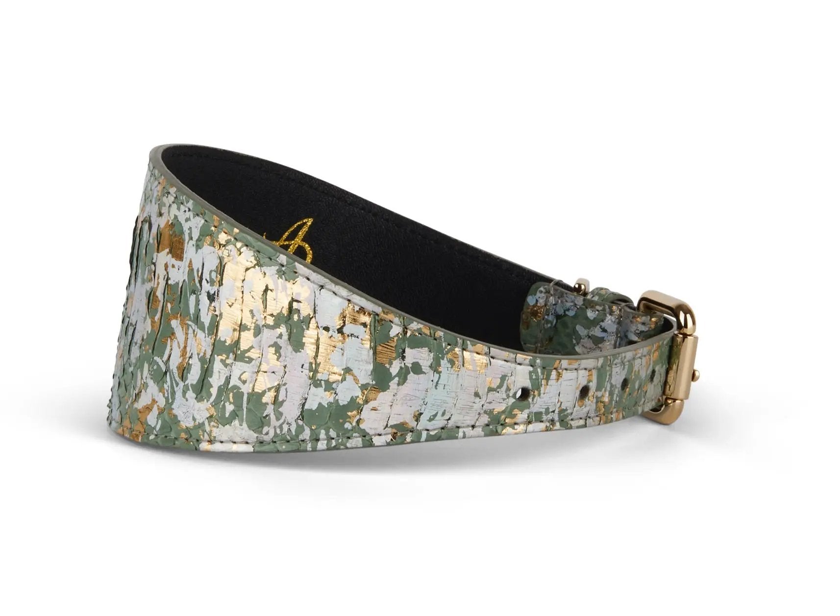Iridescent Art Deco 3 inch wide collar in green, gold and silver with a gold-tone buckle by Allysa Payne Beverly Hills.